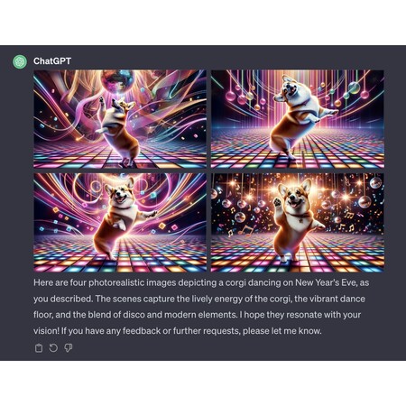 Four computer generated images of a corgi dancing on a multicolored floor