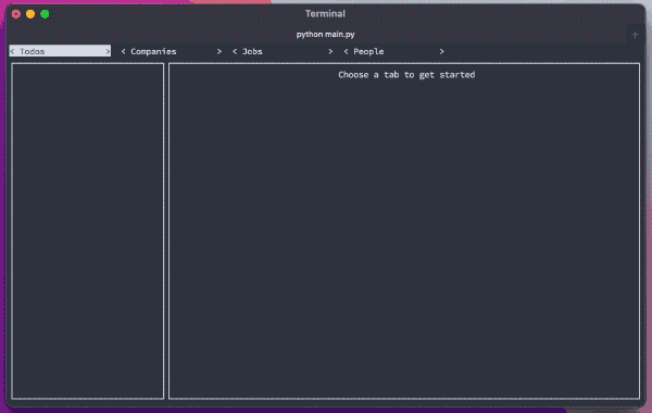 A terminal application with 4 tabs: Todo, Companies, Jobs, and People. Each tab shows several items of sample data.